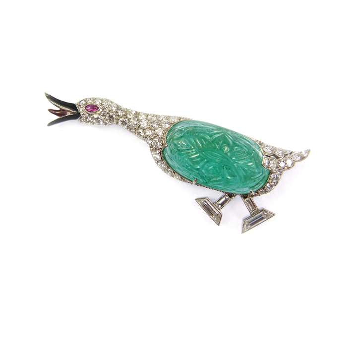 Carved emerald, diamond and gem set duck brooch